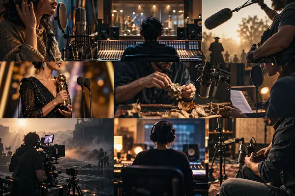Collage de artistas del sonido en salas de grabación, ceremonias de premios y entornos de producción cinematográfica