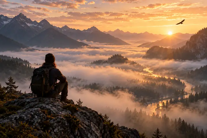 Un valle montañoso envuelto en niebla al amanecer, con un pájaro solitario a lo lejos