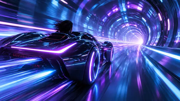 Un vehículo futurista que atraviesa a toda velocidad un túnel de neón azul y violeta