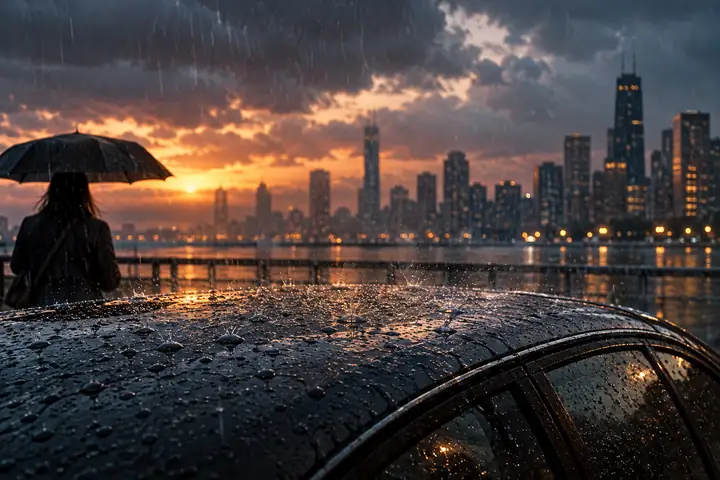 Lluvia cayendo sobre el techo de un coche aparcado bajo un cielo urbano sombrío
