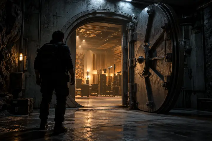 Una pesada puerta blindada de acero que se abre en un búnker subterráneo oscuro