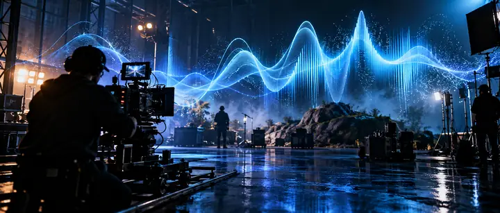 Un escenario sonoro nocturno de estilo cinematográfico moldeado por luminosas ondas sonoras azules