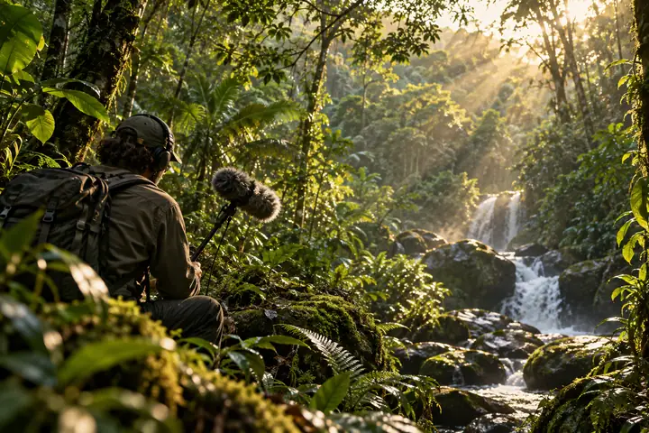 Un frondoso bosque atlántico brasileño con follaje verde húmedo y luz solar filtrada