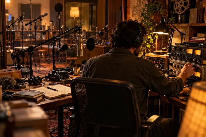 Un diseñador de sonido en un estudio acogedor rodeado de micrófonos, notas y equipos analógicos