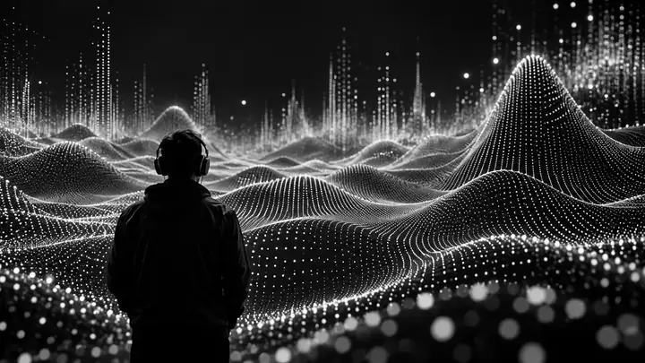 Campo abstracto de ondas punteadas en blanco y negro que representa herramientas de audio inteligentes