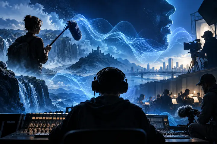 Obra editorial abstracta azul que presenta una alianza profesional de sonido