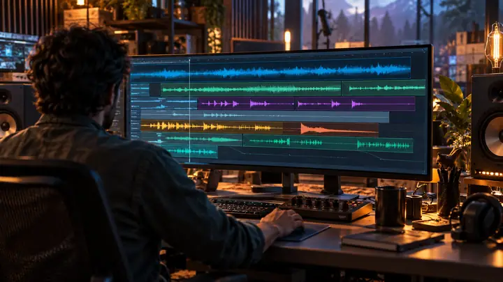 Una interfaz moderna de edición de audio mostrada en un monitor panorámico con capas de sonido organizadas