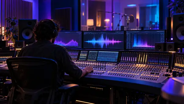 Un editor de sonido trabajando en una gran consola, rodeado de monitores violetas y azules en un estudio profesional